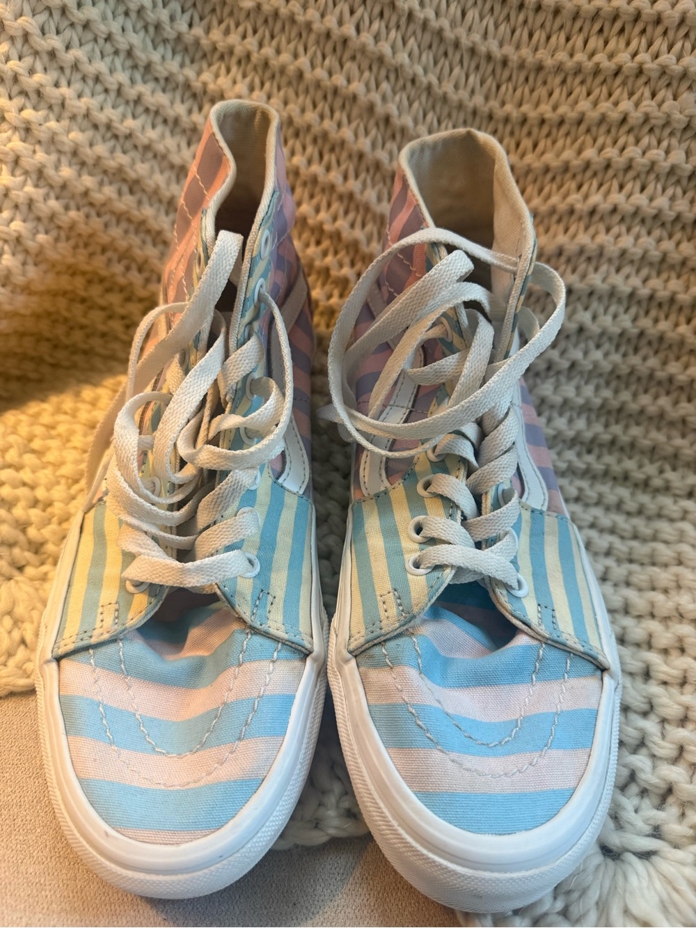 Women’s Vans High-Top Sneakers in Pastel Blue, Pink and Cream Stripes